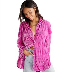 RARE Free People My Best Top Fuchsia Fizz Velvet Ruched Button Down Small